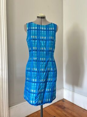 Sleeveless shimmery Blue Plaid Shift Dress